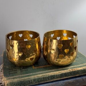 2 Brass Gold Heart-Patterned Candle Holders Vintage